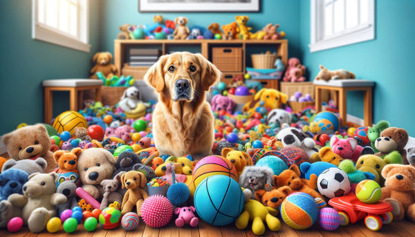 cachorro no meio de muitos brinquedos