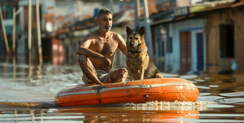 cachorro e humano boiando em um enchente na cidade